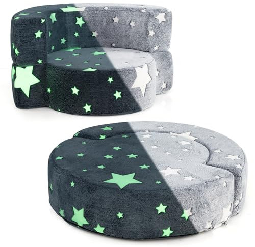 COSTWAY 2 in 1 Kindersofa rund, Spielsofa im Dunkeln Leuchtend, Kindercouch gepolstert mit abnehmbarem Bezug, Kindersessel für Jungen und Mädchen ab 3 Jahren (Grau)