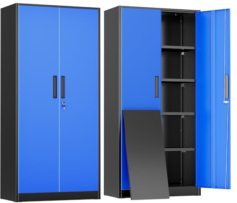 Greenvelly Metall-Garagen-Aufbewahrungsschrank mit 2 Türen und 4 verstellbaren Regalen, 183 cm hoch, abschließbarer Aufbewahrungsschrank, hoher Metallschrank, verschließbarer Aktenschrank für Büro,