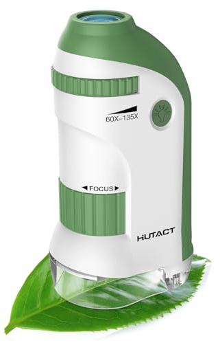HUTACT Microscopio Portatil para Niños con Juego de Portaobjetos: 60x-135x Mini Microscopio LED de Bolsillo Regalo Educativo Infantil para Estudiantes Adultos Observación Microbiológica