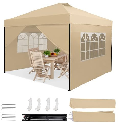 HOMEDEMO Gazebo 3x3m Pieghevole con 4 Parti Laterali Rimovibili, Gazebo da Giardino Tenda Padiglione Sistema di Clic Pop-up di Peso e Sacca di Trasporto, Colore Cachi