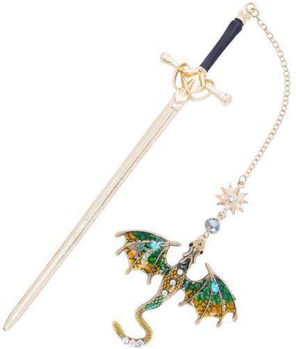 SZJYFMQ Schwert Bookmark mit Kristall Drache Anhänger, Metall, Grün, 1 Stück