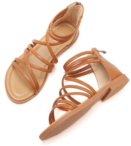Galindopia Women Flat Strappy Gladiator Sandals for Women Daughter Summer Beach Shoes Comfortable Cushion Padded Dressy Open Toe Cage Sandals Brown Size 39