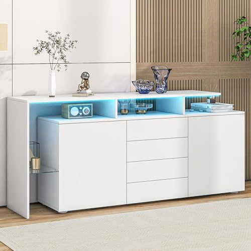 Oslghy Aparador Cocina, Aparador Mueble De Cocina con LED, Alto Brillo Mueble Aparadores Salon, Gabinete Buffet Comedor con 4 Cajones y 2 Puertas, Vitrina Cómoda para Dormitorio y Salón, 160×35×70 cm