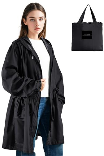 LAMA Giacca antipioggia da donna, impermeabile da donna, leggera, traspirante, con cappuccio, con grandi tasche, cinghie riflettenti, borsa per il trasporto, Nero , L