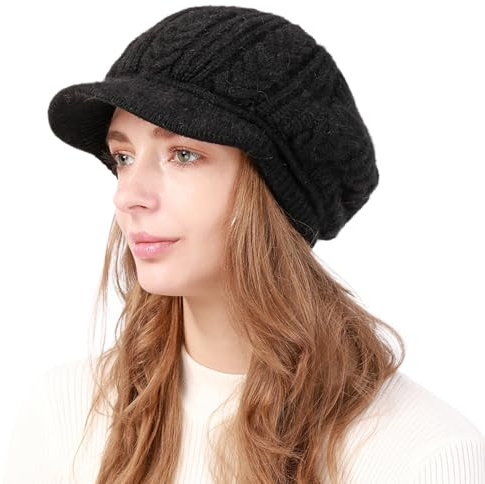 Cysocool Damen Dicke Strickmütze Wintermütze mit Schirm Warm Gestrickte Beanie Cap mit Fleecefutter Newsboy Cap Visier Warme Mütze Hut Barett Schnee Ski Schirmmütze