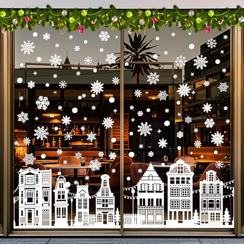 CHIHOLEN 137 immagini per finestre di Natale, bianco, decorazione natalizia con fiocchi di neve, autoadesive, per finestre riutilizzabili, in PVC su entrambi i lati