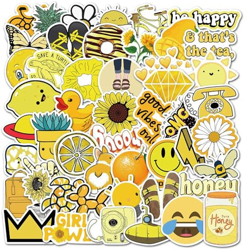 LEBKFT 50 Pcs Cute Cartoon Stickers, Waterproof Aesthetic Vinyl Decals DIY Travel Skateboard Suitcase Decoration for Water Bottles Laptops Scrapbooks Gift for Girls Teens Adults (Yellow)