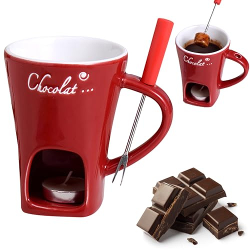 Chocolate Fondue Mug, Chocolate Melting Cup with Forks and Candles, Ceramic Butter Warmers Pot Fondue Sets, Personal Cheese Melting Cup, Fondue Mug for Candy Snack Caramel Chocolate Party (Red)