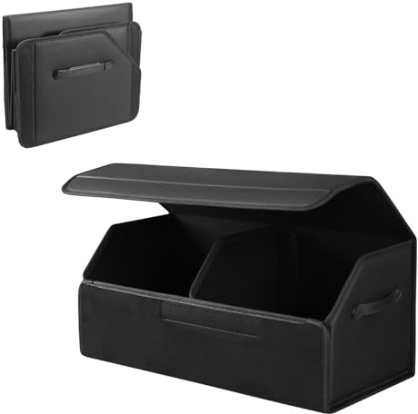 Chingcoo Auto Kofferraum Organizer aus PU Leder,Faltbare & Wasserdichte Aufbewahrungsbox mit Deckel,Kofferraumtasche für SUV, Limousine & LKW,Mit Trennwand & Tragegriff mittlere Größe