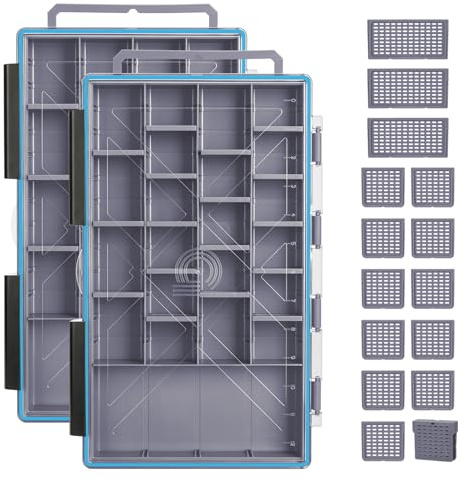 Gonex Köderboxen Angeln, Wasserdicht Tackle Box, Transparent Angelkoffer | 2er-Set 3700 Köderbox Angeln mit Verstellbare Fächer, Plastik Angelbox Organizer für Köder, Haken Und Angeln, Grau