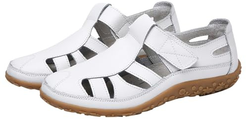 Fritidsskor dam – sommarskor dam bekväma läder lätta sneakers enfärgade halvskor all-matchande sandaler ventilerande barfotaskor fashionabla joggingskor halkfria ortopediska, Vit, 44 EU