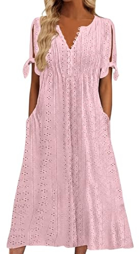 nnOuOnn Robe longue d'été pour femme - Style bohème décontracté et élégant - Col en V - Boutons - Manches courtes avec poches - Robe d'été de plage