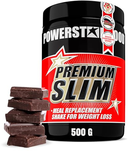 Powerstar PREMIUM SLIM Mahlzeitenersatz-Shake 500 g | 63 kcal pro Portion | Deutsche Herstellung | Trinkmahlzeit mit 23 Vitalstoffen | 25 Portionen pro Dose | Meal-Replacement-Shake Chocolate