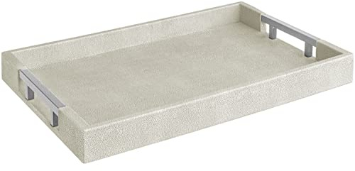 Modern Elegant 17.5x12 Rectangle Natural Ivory Beige Faux Leather Shagreen Decorative Tray Ottoman Coffee Table Perfume Vanity Kitchen Serving Tray with Silver Metal Handles by Home Redefined.