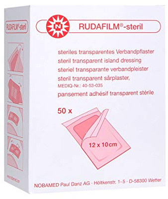 RUDAFILM - steril - Transparentes Verbandpflaster - 12 x 10 cm - 50 Stück - Duschpflaster - Wasserabweisend - Noba - PZN 07742437