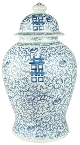 Fine Asianliving Pot à Gingembre Chinois Bleu Blanc Porcelaine Double Bonheur D24xH42cm Chinois Vase avec Couvercle Asiatique Jingdezhen Mandarin Décorative