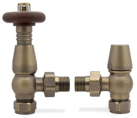 Antique Brass Angled Traditional Wood Top TRV Thermostatic Radiator Towel Rail Valves