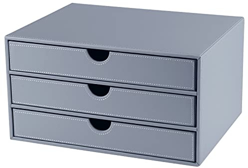 Läder skrivbordsorganisatör med 3 lådor, verkställande kontorsmaterial skrivbord arkivering A4 filskåp/hållare, stapelbar förvaringslåda (grå)