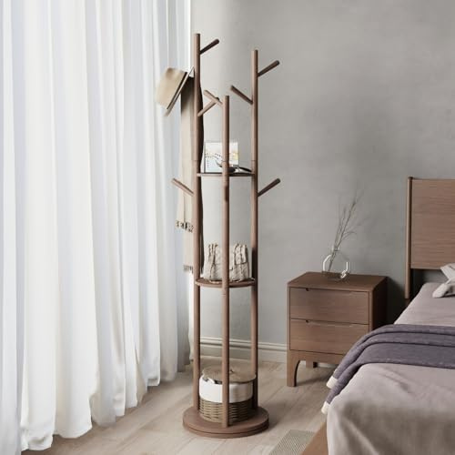KungFuWood Garderobenständer, Drehbarer Gaderobenstaender aus Holz mit 3 Ablageflächen und 9 Haken, Stabiler und Einfache Montage Jackenständer für Wohnbereich, Flur, Schlafzimmer, Büro(Nussbaum)