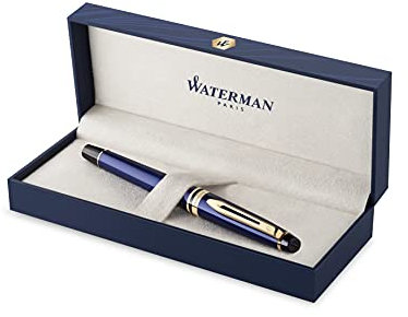 Waterman Expert Luxury Fountain Pen - Dark Blue with 23K Gold Trim - 18K Solid Gold Medium Nib - Gift Boxed