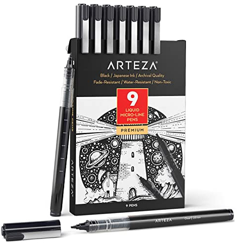 ARTEZA Micro-Line Ink Pens, Set of 9, Black Fineliners with Japanese Archival Ink, Art Supplies for Comic Artists and Illustrators