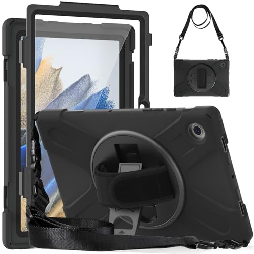 Gerutek Hülle für Samsung Galaxy Tab A8 10,5 Zoll mit Displayschutz,Schwarz | Stoßfeste Hülle mit 360° Drehbar Stände/Handschlaufe, Schultergurt Stifthalter, Rundumschutz Case für Arbeit/Outdoor/Drinnen