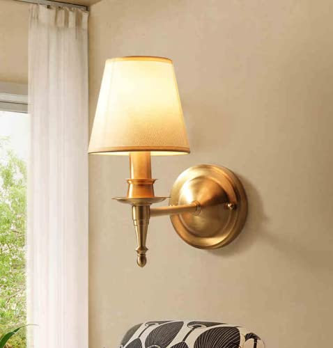 sxysxysxy Wandleuchten Amerikanischen Land Stil Kupfer Wandlampe Vintage Nachttischlampe Stoffschirm Modern Wandleuchte Loft Schlafzimmer Wohnzimmer Studieren Wandbeleuchtung E14 D14*H30CM
