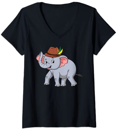 Damen Lustiges Elefant mit Trachtenhut T-Shirt mit V-Ausschnitt