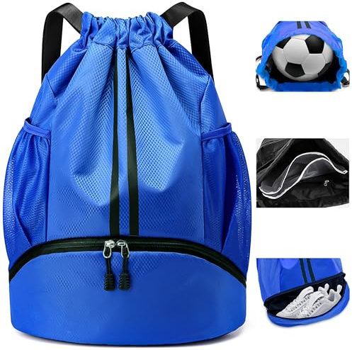 Hoseay Turnbeutel Kordelzug Sportbeutel mit Schuhfach und Nassfach Herren Groß Sportrucksack Wasserdicht Fußball Tasche Leicht Verstellbar Sport Rucksack für Sport Reisen Schwimmen Fitness, Blau