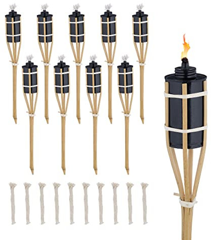 Relaxdays Fiaccole da Esterno, Alte 40 cm, Set 10 Torce Olio in bambù per Giardino, Illuminazione Outdoor, Color Legno, 40 x 6 x 6 cm