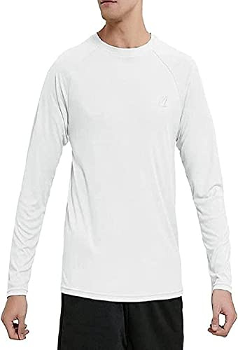 MeetHoo Rashguard Långärmad herr UPF 50+ lös stretch UV-skydd långärmad badskjorta för surfing simning dykning strand, Vitt och blått, XXL