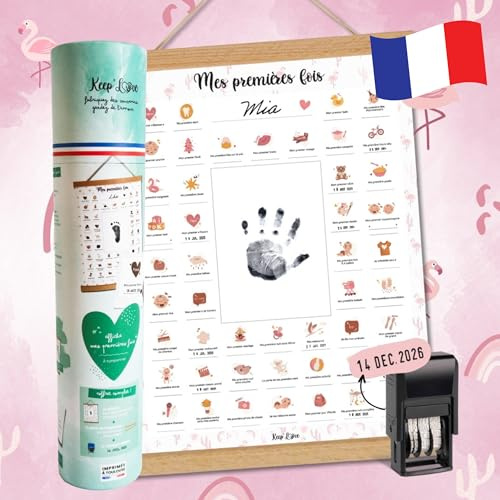 Keep'Love - Póster de mis primeras veces para sellar, regalo de nacimiento para bebés, recuerdos, decoración de dormitorio, palillos para colgar y regalo de mamá grande, tamaño A3 (modelo FLAMANTE
