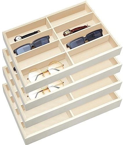 Amylove 4 x große Brillenbox, stapelbar, Schmuck-Organizer, abnehmbarer Sonnenbrillenhalter (Beige, 8 Fächer)