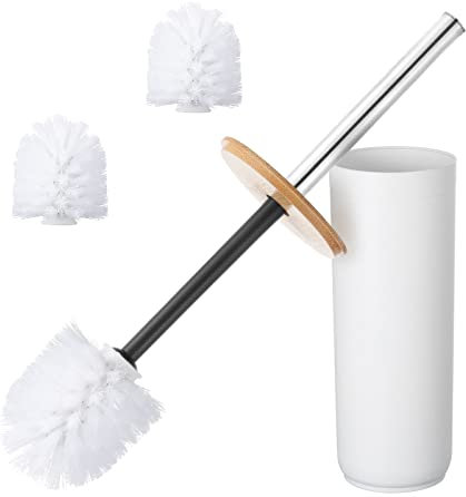 Kinsinder Scopino WC in bambù con manico in bambù con 3 testine, accessorio decorativo da bagno (bianco)