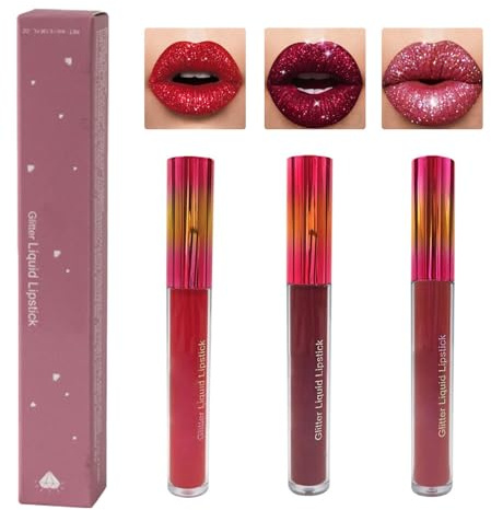 HSLFUAI 3 pièces Kit de rouge à lèvres liquide mat à paillettes longue durée pour femmes diamant brillant paillettes imperméable rouge à lèvres brillant à lèvres