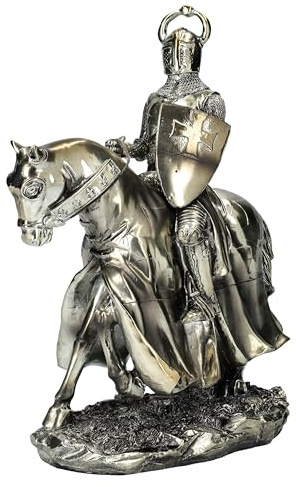 Figuren Shop GmbH Tempelritter Figur auf Pferd - 24cm Höhe, Metall-Look, Deutscher Ritter Dekofigur, Mittelalter Deko