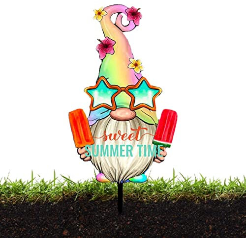 Summer Gnome Yard Stakes, Gnome Garden Stakes, 2D Summer Outdoor Decoration Stake, Dwarf Design Gnome Sculpture Figurine for Porch, Lawn, Farmhouse, Garden