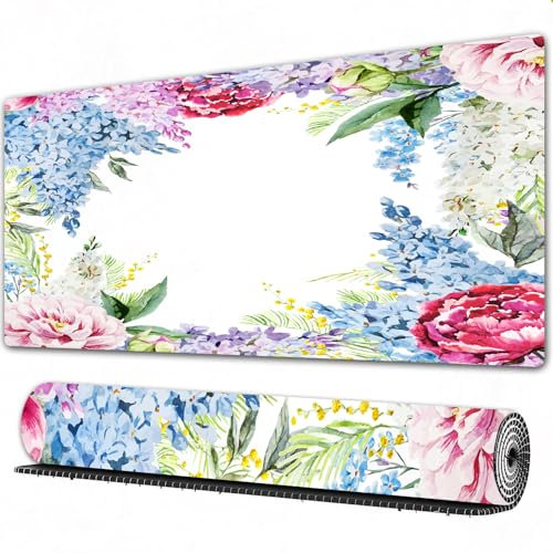 EOMKSE Mauspad Verlängertes großes Mauspad Schreibtischauflage,genähte Kanten Mauspad,Gummibasis, Blume, Frühlingsduftgirlande mit Blumenstrauß Lila Lavendel Rose Pfingstrose,Gaming-Mauspad,40x90 cm
