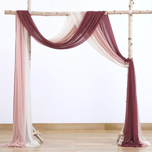 FANSU Vorhang Hochzeitsbogen, Set mit 3 Stück Querbehang Freihanddeko Chiffon Tüll Stoff Deko Vorhang Hochzeit Querbehang Deko Gardinen für Party (2.4x19.6ft/75x600cm,Dunkelpink)