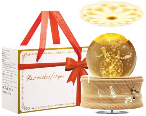 MJKOPEE Spieluhr Kristallkugel mit Licht, 3D Spieluhren 360°Drehbar Holzsockel,Musical Box für Kinder/Erwachsene/Mama/Muttertags/Geburtstag/Weihnachten Gedenkgeschenke (Kleiner Prinz und Fuchs)