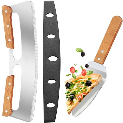 Pizzaschneider Groß - Profi Pizzamesser (Pizza Cutter) aus Edelstahl 35cm mit Holzgriff & Klingenschutz + Tortenheber - Scharfer Pizza Wiegemesser effektiver als Pizzaroller für Pizza und Flammkuchen