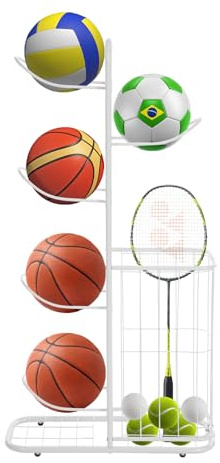 Balllagerregal Basketball Aufbewahrungsregal mit 5 Ball Ständer und Körben Aufbewahrung Regal Abnehmbarer Basketball Ausstellungsständer für Basketbällen Fußbällen Volleybällen in Garagen Wohnzimmern