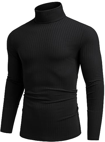 COOFANDY Men's Jumpers Turtleneck Tops for Men Long Sleeve Ribbed Knitted Jumper Lightweight Basic Sweater Black M