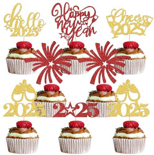 2025 Happy New Year Cupcake Topper, Hello 2025, Cheers to 2025 New Year, New Years Eva Decorations 2025, Welcome 2025 New Year Holiday Theme Birthday Anniversary Party Supplies Gold Red Glitter