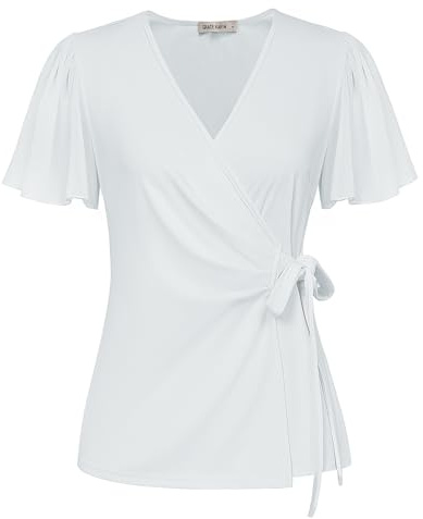 GRACE KARIN Top da donna con volant a maniche corte, scollo a V, tunica avvolgente con lacci, top casual larghi, camicette estive per signore, bianco, XL
