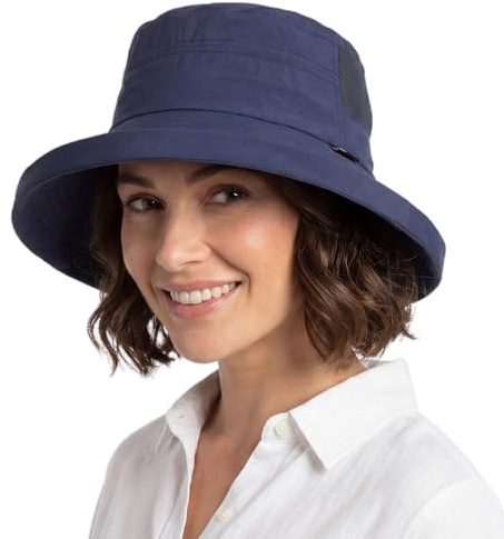 TOP-EX UPF 50 Sonnenhüte Damen mit Pferdeschwanz, Breiter Krempe Fischerhut für UV-Schutz, Wasserdicht regenhut, Kinnriemen, Atmungsaktiv Sommer-Mesh, Faltbar, Safari, Strand, Gärtner, Marineblau S