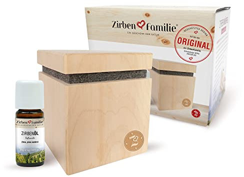 Zirben Familie® Original ZirbenWürfel & 10ml Zirbenöl Set I Premium Edition I Natürlicher Aroma Diffuser aus Zirbe I Flasche von unten einschraubbar I Einzigartiger Zirbenduft
