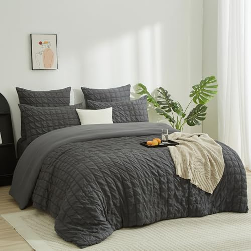 Boqingzhu Seersucker Bettwäsche Set Grau Anthrazit 155×220cm Atmungsaktiv Kühlend für Sommer Bettbezug & Kissenbezüge mit Reißverschluss
