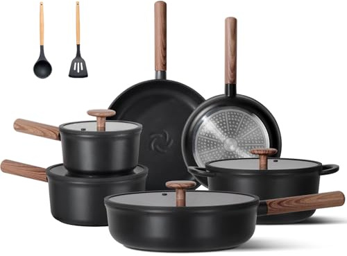 JEETEE Ceramic Cookware Sets 17 pcs, Healthy Pots and Pans Set Non Stick, Induction Kitchen Cooking Set with Removable Handles, Stackable Pots Pans, Oven Safe, PFOA/PFOS Free, Black
