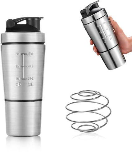 Shaker Vaso Batidos Proteinas Botella Proteinas Mezclador Estructura Extraíble de Doble Capa 600+200ml con Disco de Acero Inoxidable para Smoothies Proteína en Polvo Café en Polvo Vegetal en Polvo